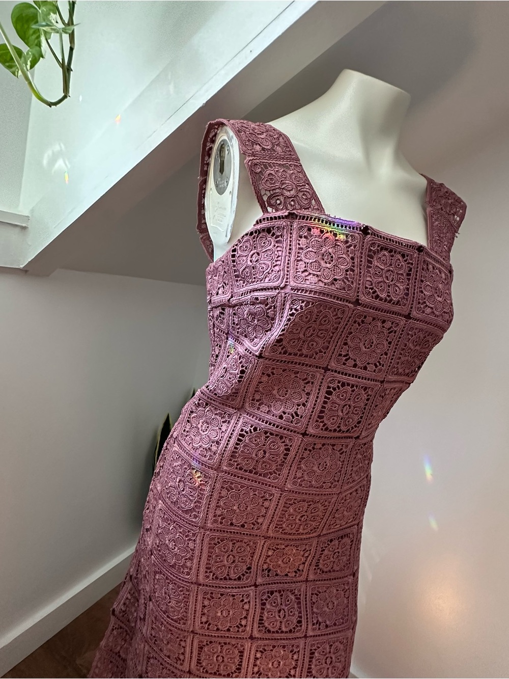 Just Me Mauve Crochet Maxi Dress with Square Neck - Picture 3 of 11